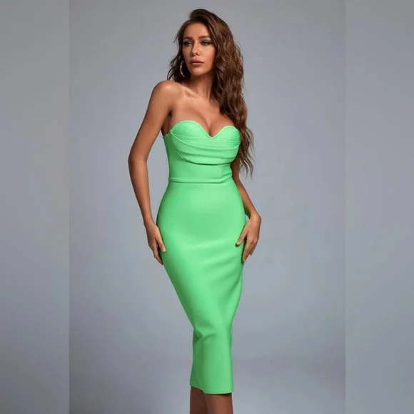 Green Strapless Midi Bandage Dress - Picture 4 of 6